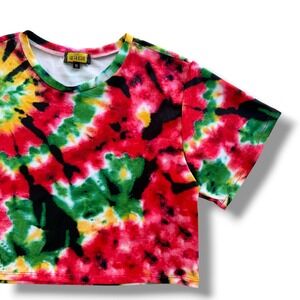 Love Highlight Women's M Red Green Yellow Tie Dye Short Sleeve Crop Top Tee Y2K